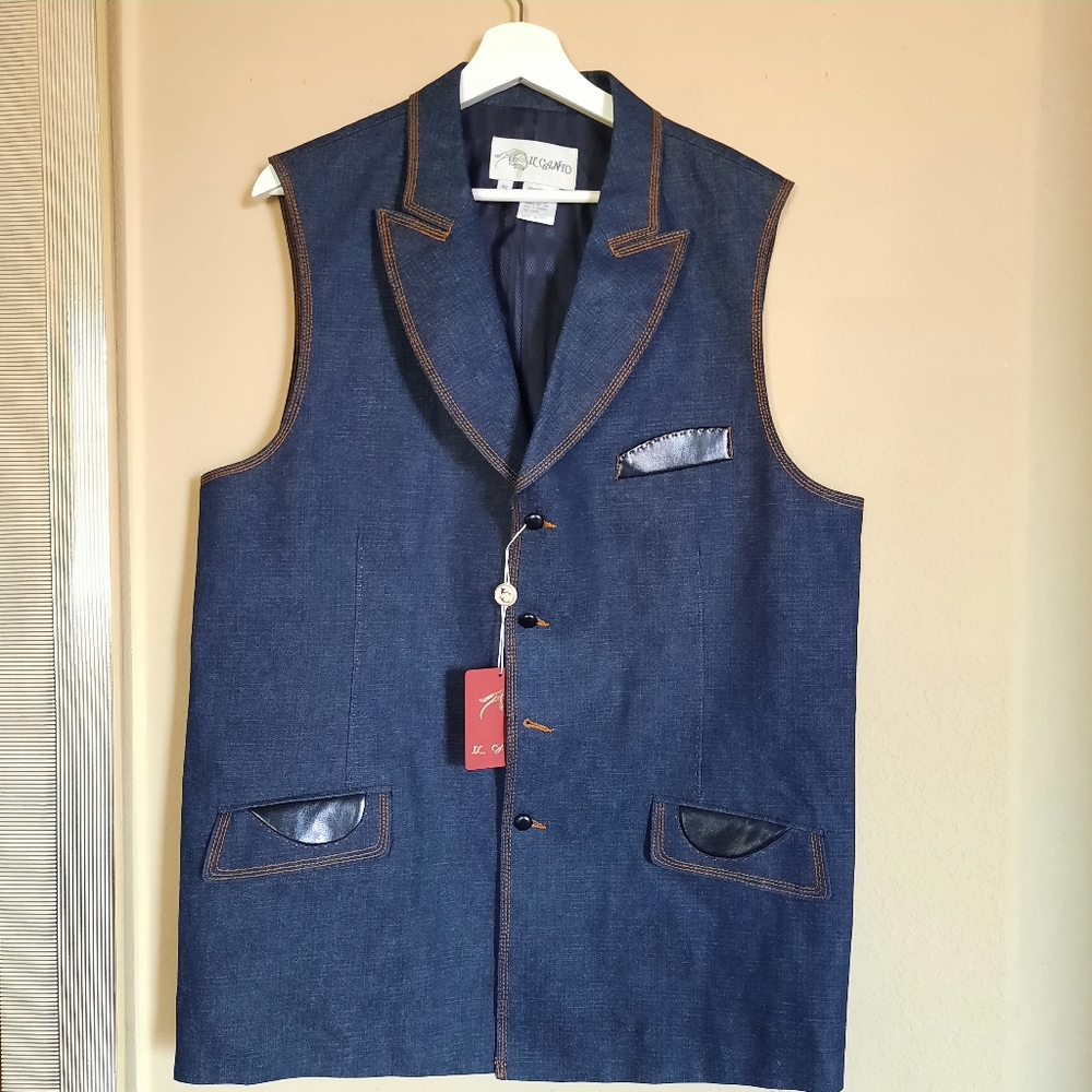 Il Canto Men's Blue Vest with Faux Leather Trim Streetstyle Dapper